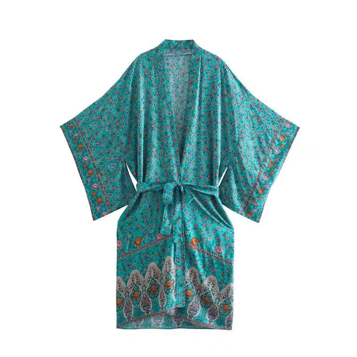 Damen Kurzer Boho-Kimono-Morgenmantel mit Bindegürtel und breiten Kimonoärmeln Drune