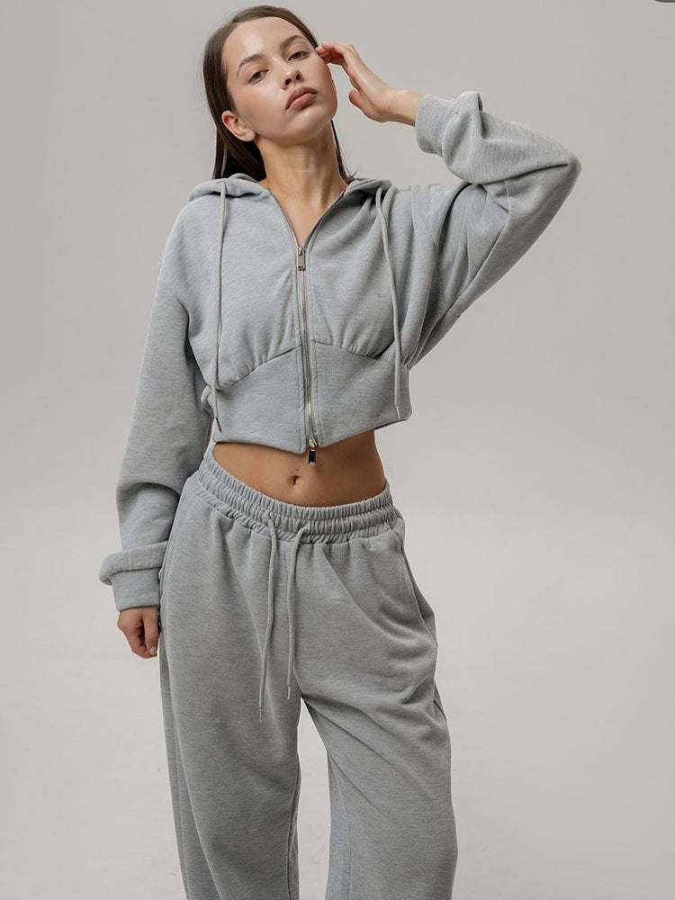 Damen kurzes Reißverschluss-Cropped-Hoodie mit hoher Bund Palazzo-Jogginghose Set Drune