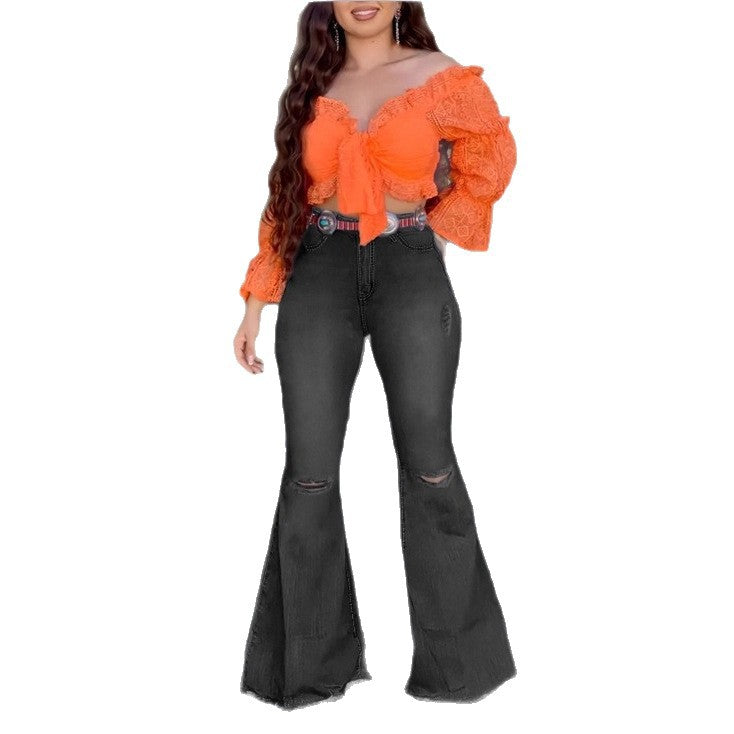 Damen Hochtaillierte Schlaghose-Jeans mit ausgestelltem Bein, Knie-Rissen und figurformendem Stretchbund Drune