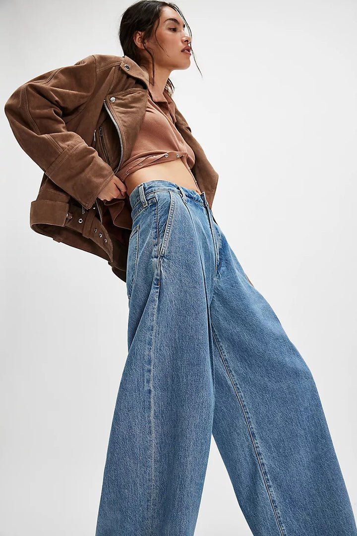 Damen nan hochgeschnittene Denim-Palazzohose mit markanten Bundfalten und extra weitem Bein Drune
