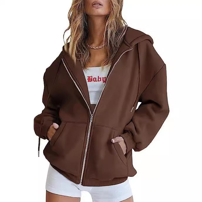 Damen nan oversized Kapuzenjacke mit durchgehendem Reißverschluss Kängurutaschen und weichem Sweatmaterial Drune
