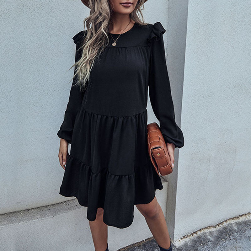 Damen A-Linien Stufenkleid mit langen Ärmeln und zarten Rüschen Drune