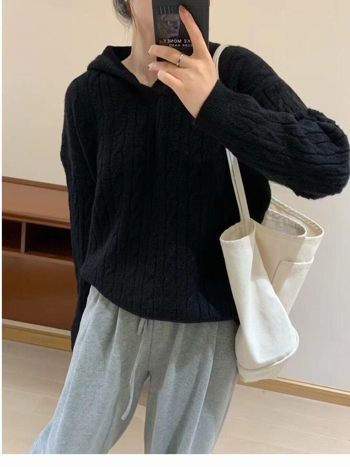 Damen Grobstrickpullover mit Kapuze und Zopfmuster Drune