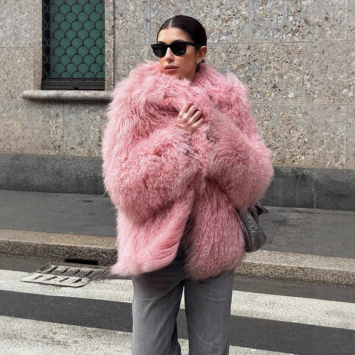 Damen Kurz geschnittener Shaggy Fauxfur Mantel mit voluminösem Schalkragen und Oversize-Silhouette Drune