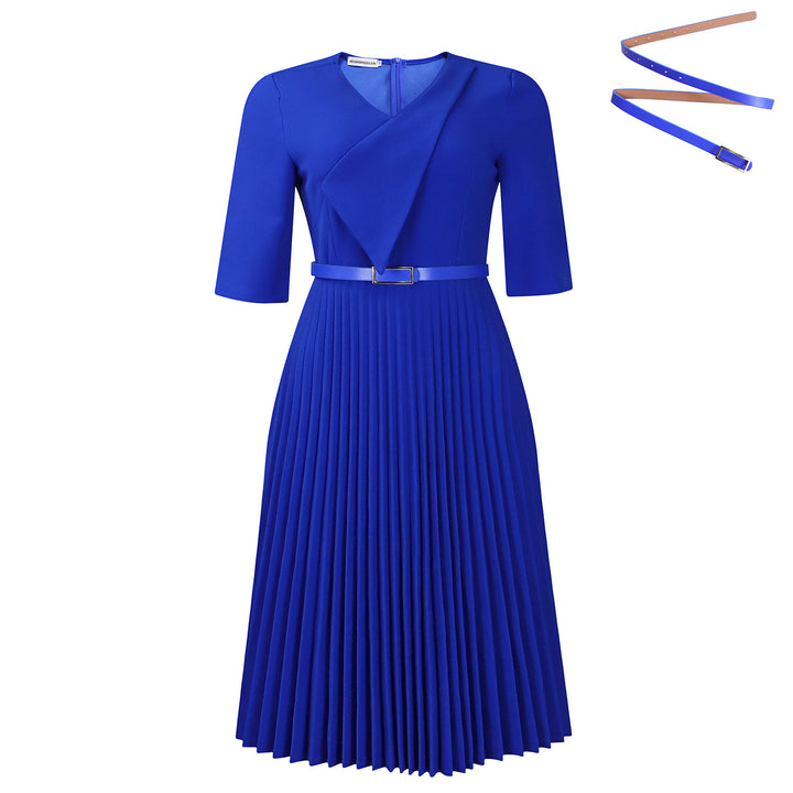 Damen Plissee Kleid mit elegantem V-Ausschnitt und abnehmbarem Taillengürtel Drune