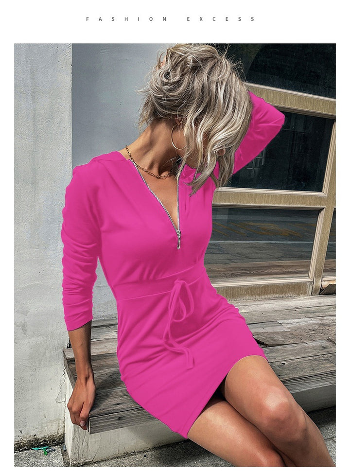 Damen sportliches Kleid mit Reißverschluss und regulierbarem Gürtel Drune