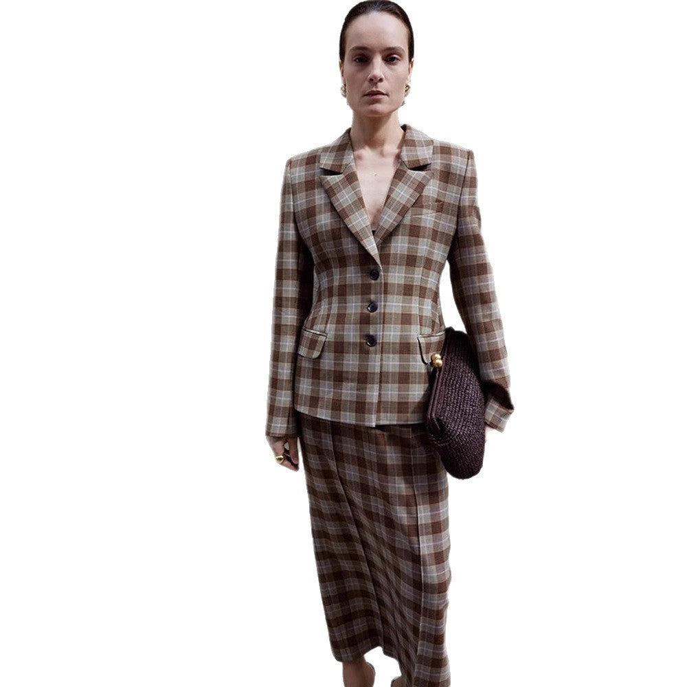 Damen Karo-Blazer und Minirock Set mit taillierter Silhouette und Schößchen Drune