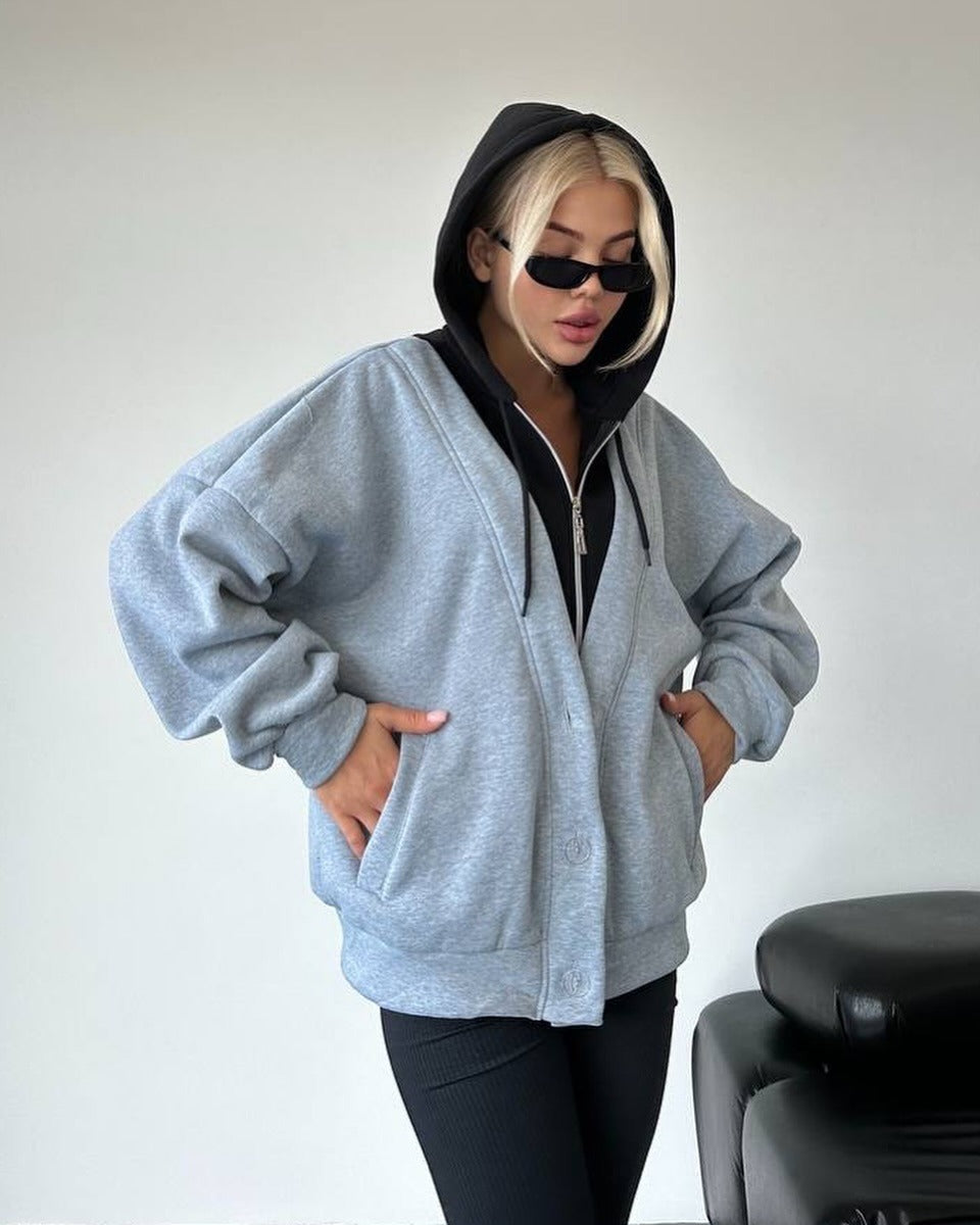 Damen gemütlicher Oversized-Jacke mit Kapuze und Druckknopfverschluss Drune