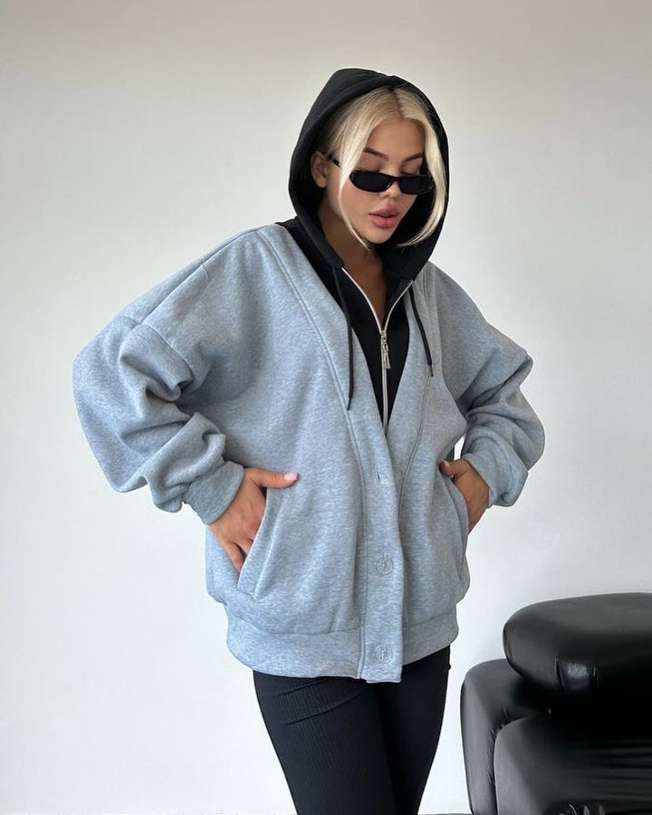 Damen gemütlicher Oversized-Jacke mit Kapuze und Druckknopfverschluss Drune