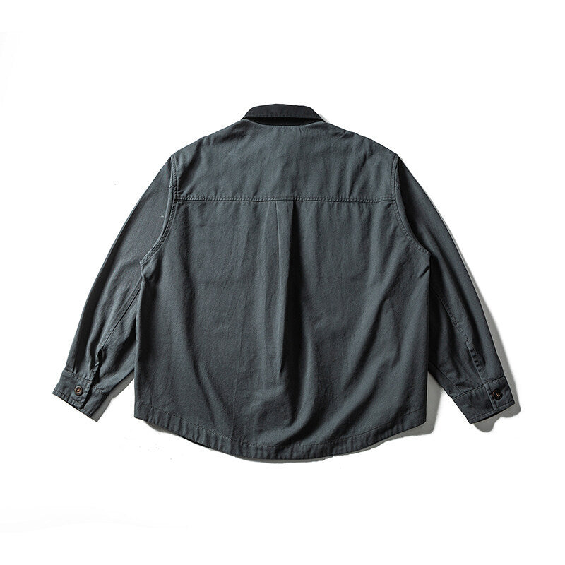 Unisex Oversize Hemdjacke mit Kontrastkragen und kariertem Innenfutter Drune