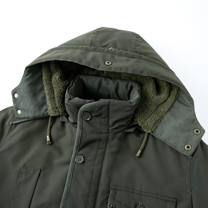 Herren  kälteproof Kapuzenparka mit vollem Sherpa-Innenfutter, Samtkragen und multifunktionalen Taschen Drune