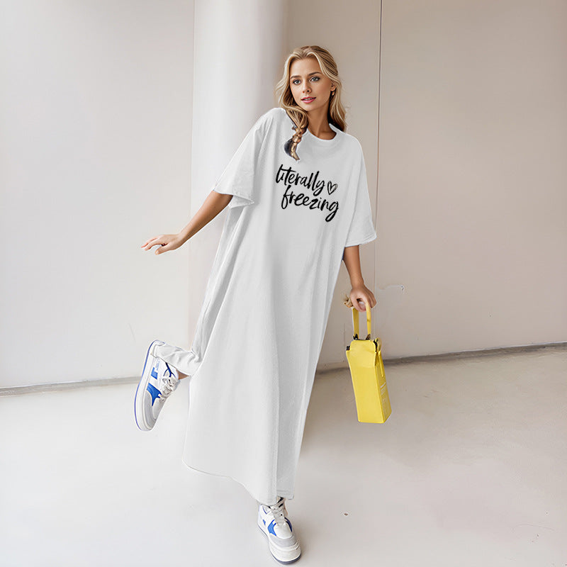 Damen nan locker geschnittenes Maxikleid mit großem Herzgrafikprint und Rundhalsausschnitt Drune
