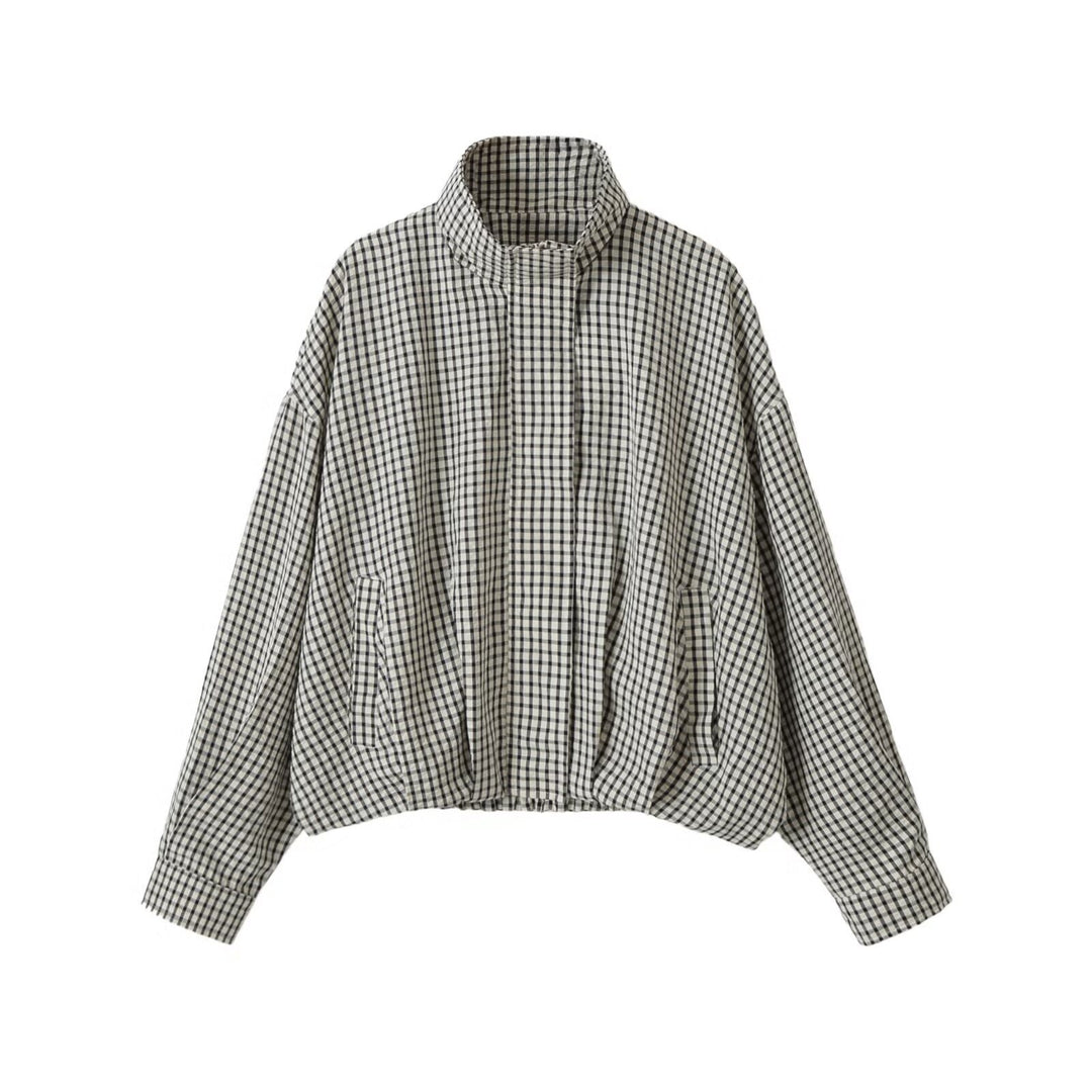 Damen Oversize Kurzblouson im Karo-Design mit hohem Stehkragen und Tunnelzugsaum Drune