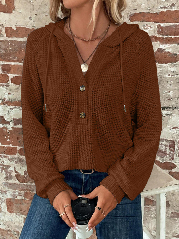 Damen Waffelstrick Kapuzenpullover mit Knopfleiste und Rüschenkragen Drune