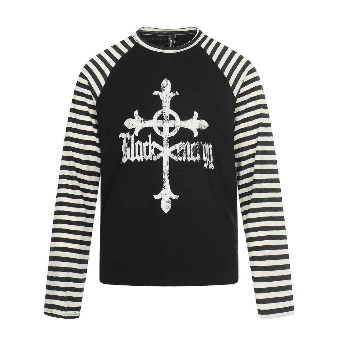 Herren Langarm-Raglanshirt mit Streifenärmeln und Vintage-Print Drune