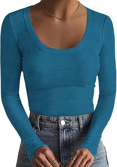 Damen Schmal geschnittenes Langarm-Feinstricktop mit weitem U-Ausschnitt Drune
