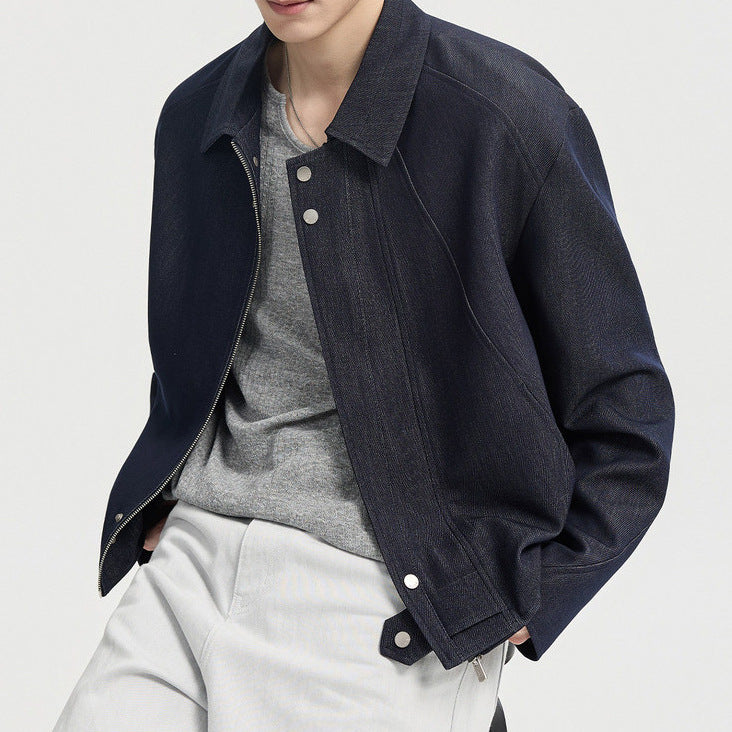 Herren Boxy-Jeansjacke im Minimalstil mit Hemdkragen und verdeckter Druckknopfblende Drune