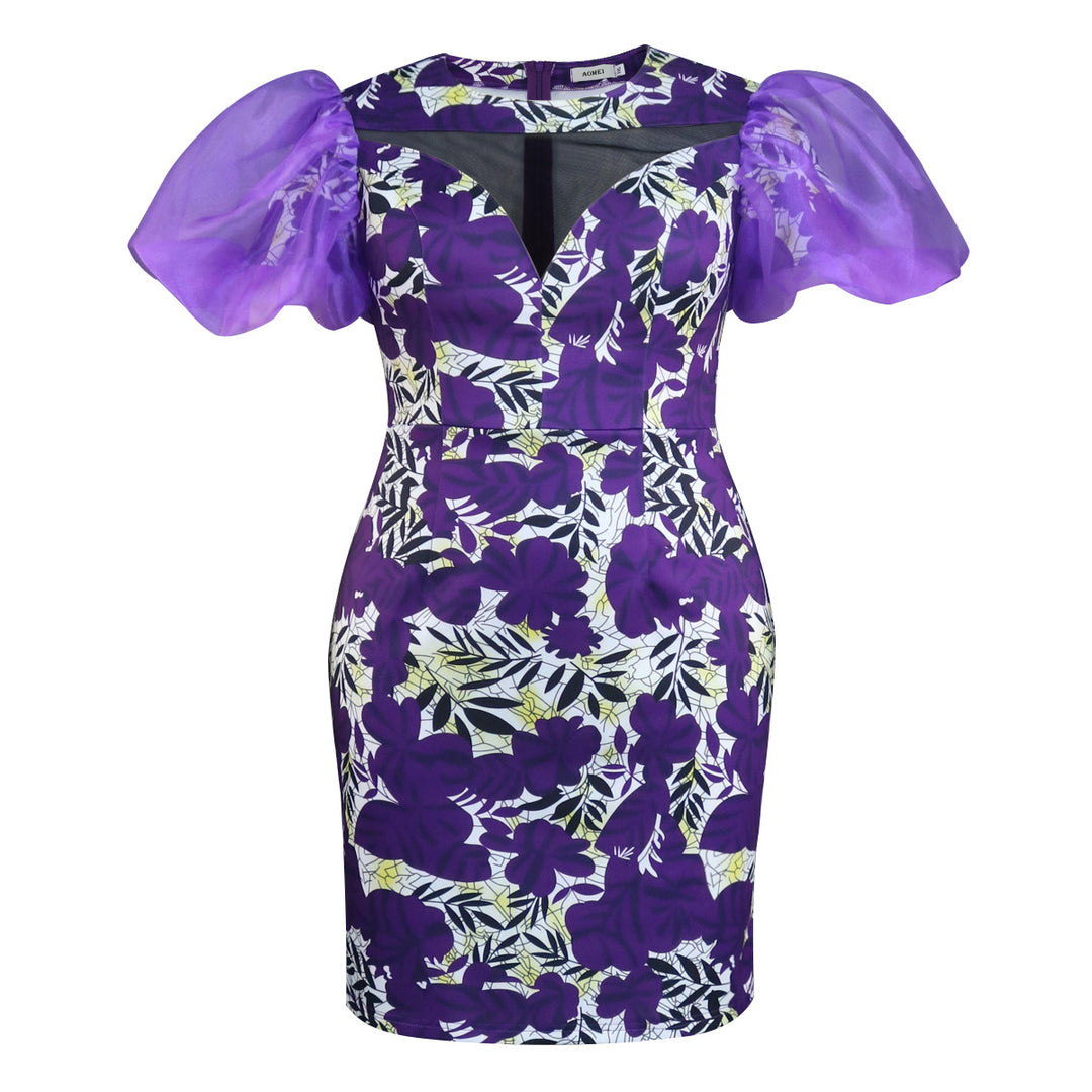 Damen extravagantes Cocktailkleid mit voluminösen Puffärmeln und floralem Muster Drune