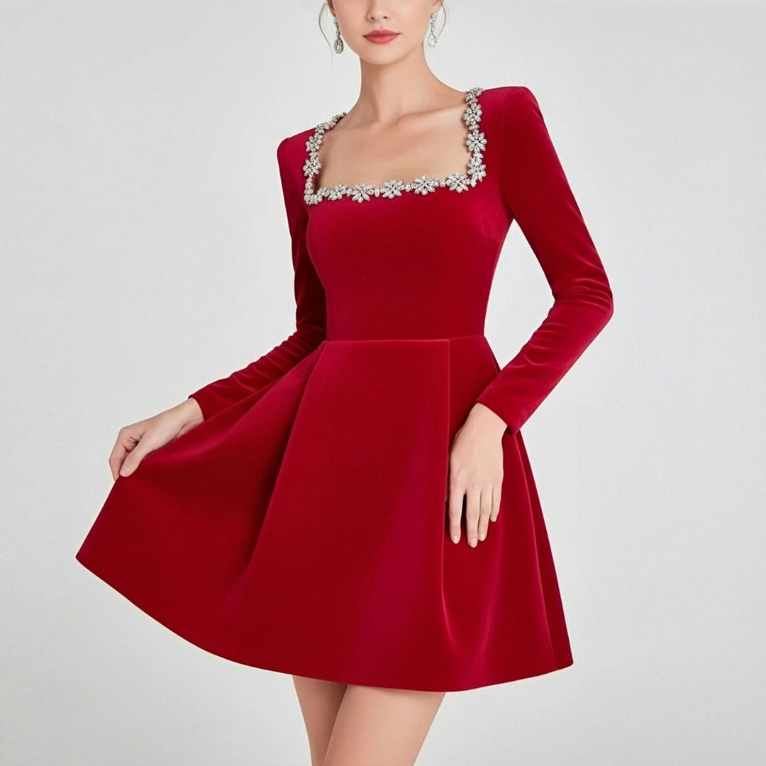 Damen Cocktailkleid mit quadratischem Ausschnitt und filigranem Kristallbesatz Drune