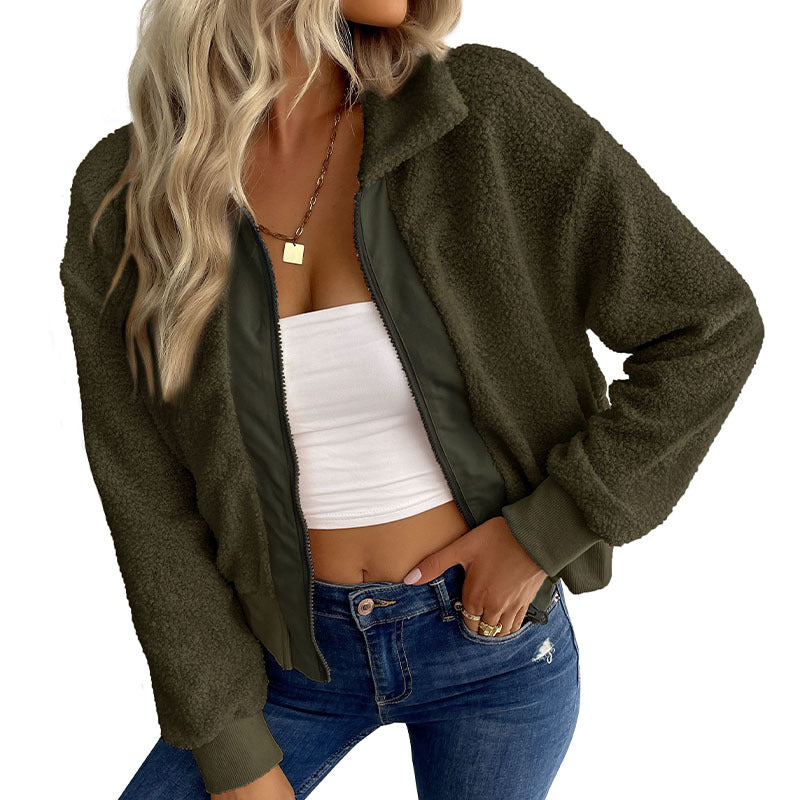 Damen Teddy-Fleece Bomberjacke mit Stehkragen, durchgehendem Reißverschluss und Rippbündchen Drune