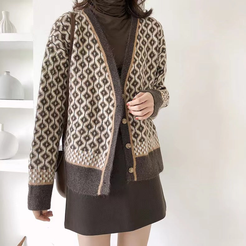 Damen Strickjacke mit geometrischem Design und Knopfverschluss Drune