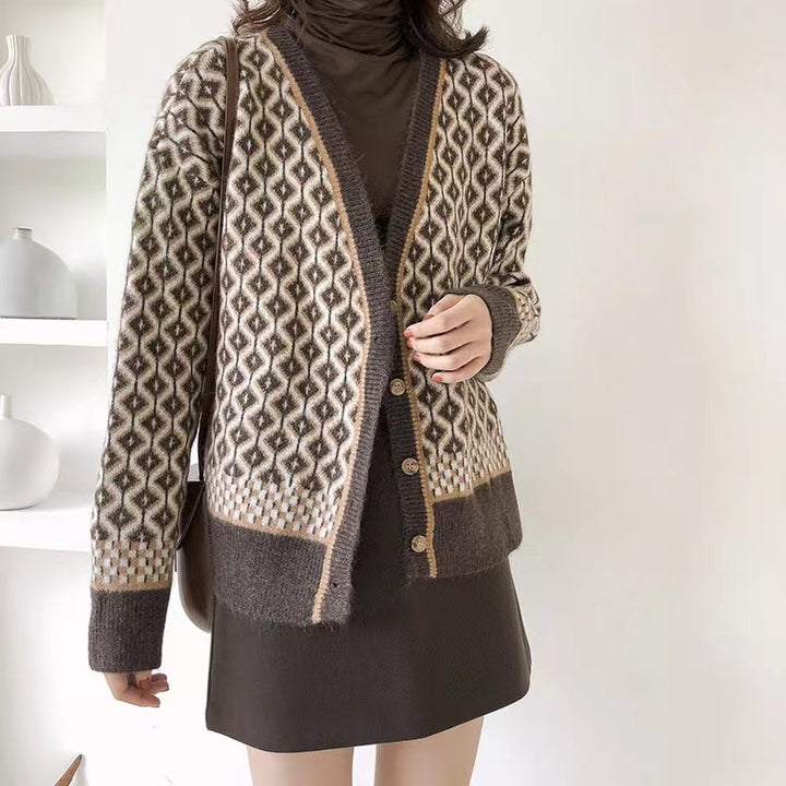 Damen Strickjacke mit geometrischem Design und Knopfverschluss Drune