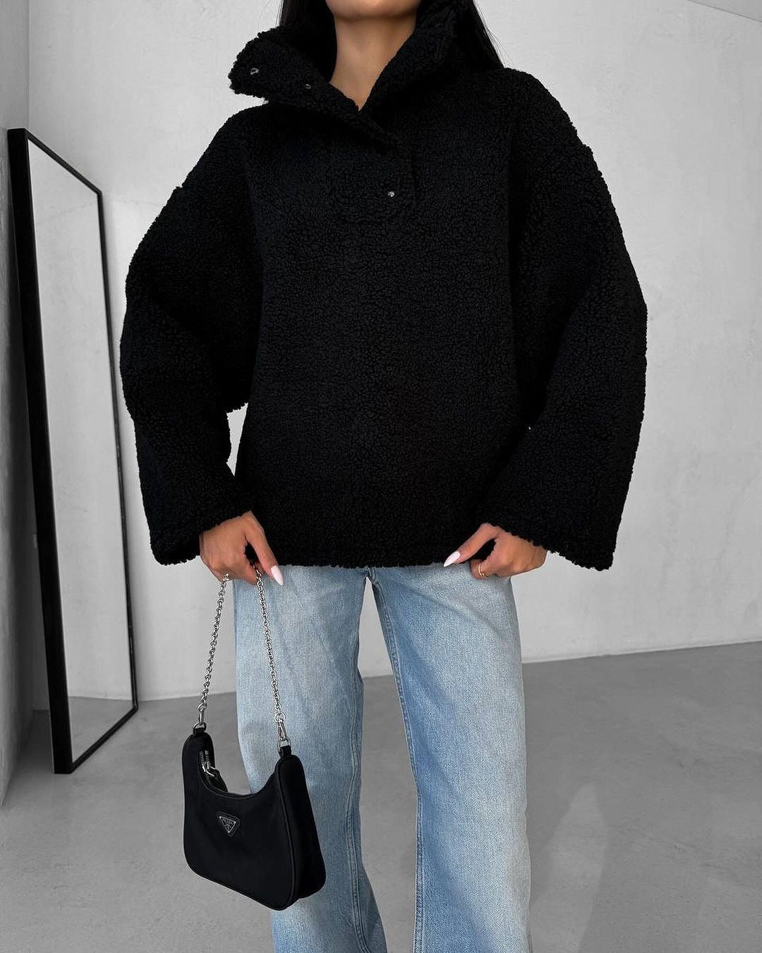 Damen Oversized Teddy-Pullover mit halber Druckknopfleiste und Stehkragen Drune