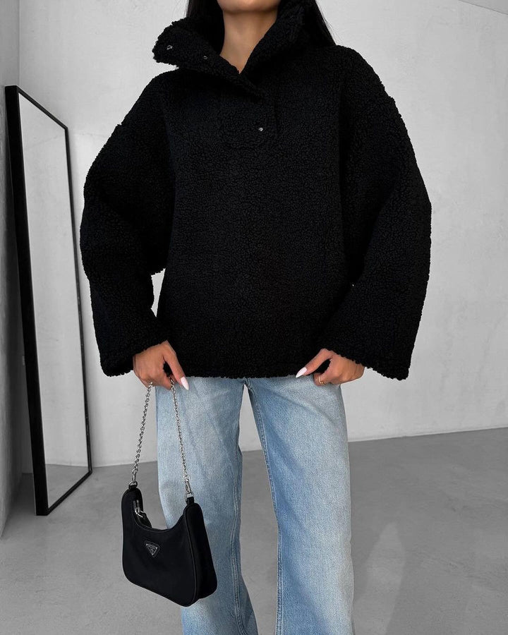 Damen Oversized Teddy-Pullover mit halber Druckknopfleiste und Stehkragen Drune