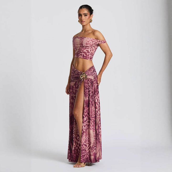 Damen Kleidungsset im stylischen Off-Shoulder-Design mit Raffungen und einzigartigem Muster Drune
