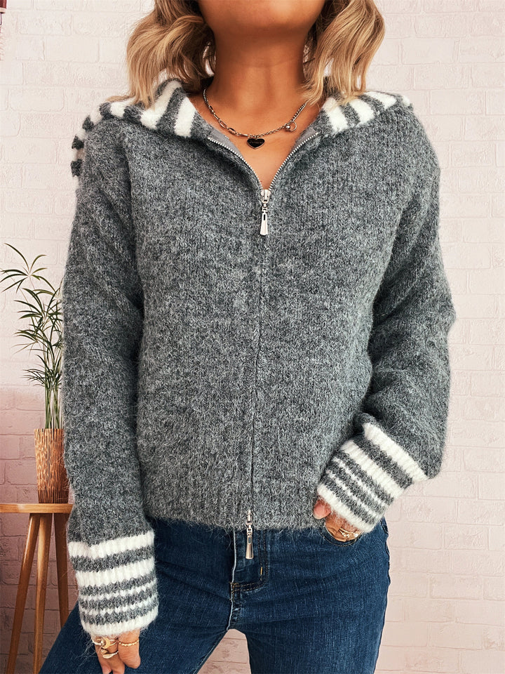 Damen kuschelige Strickjacke mit stilvollem Reißverschluss und modischen Streifen Drune