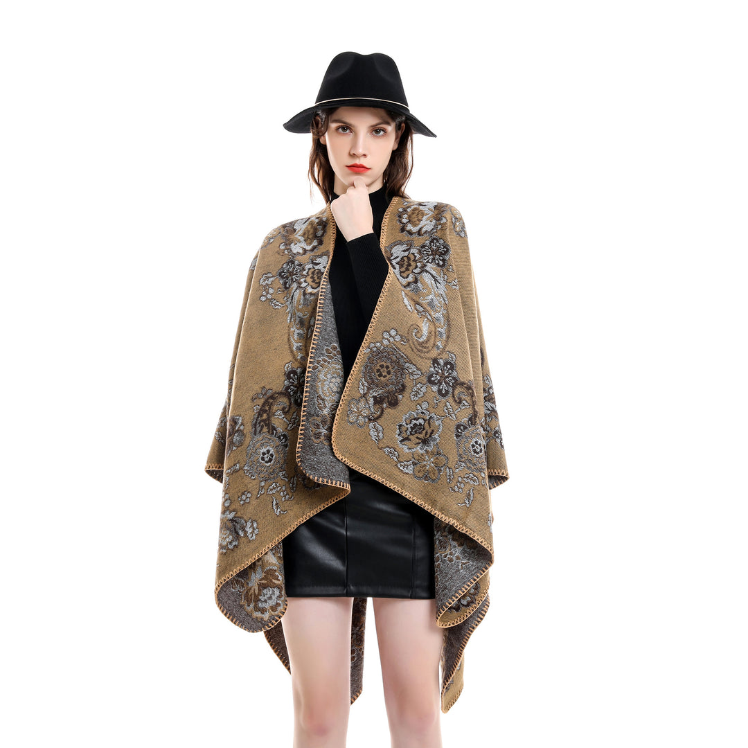 Damen Reversibler Strick-Umhang mit floraler Jacquard‑Webung und Zierkettelnaht Drune