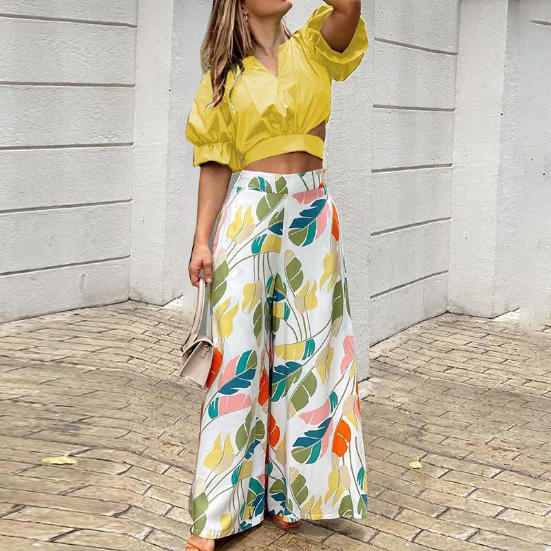 Damen Crop-Top und weit geschnittene Hose Set Drune