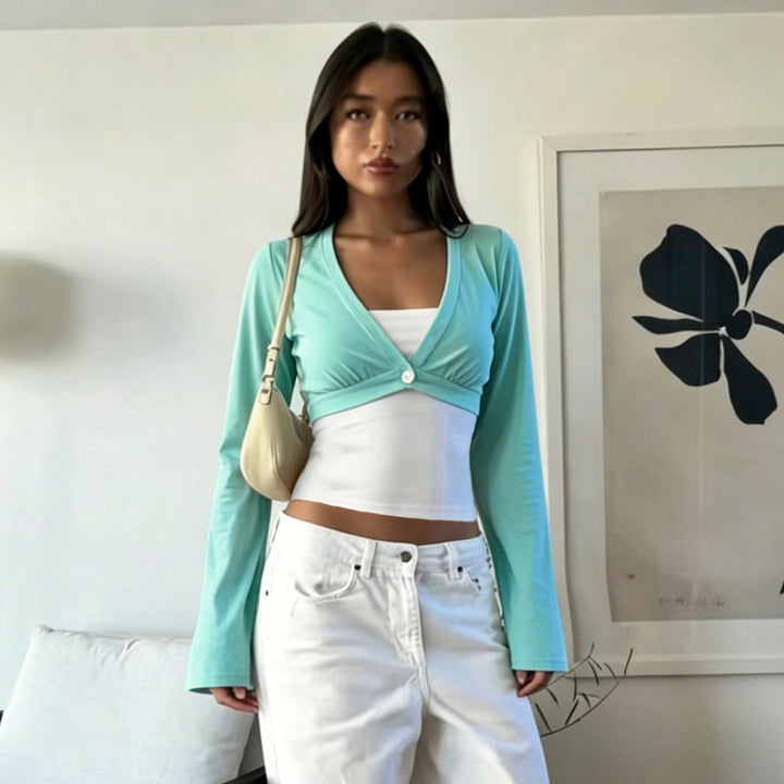 Damen nan Bolero-Overlay-Top mit tiefem V-Ausschnitt, ausgestellten Trompetenärmeln und integrierter Camisole Drune