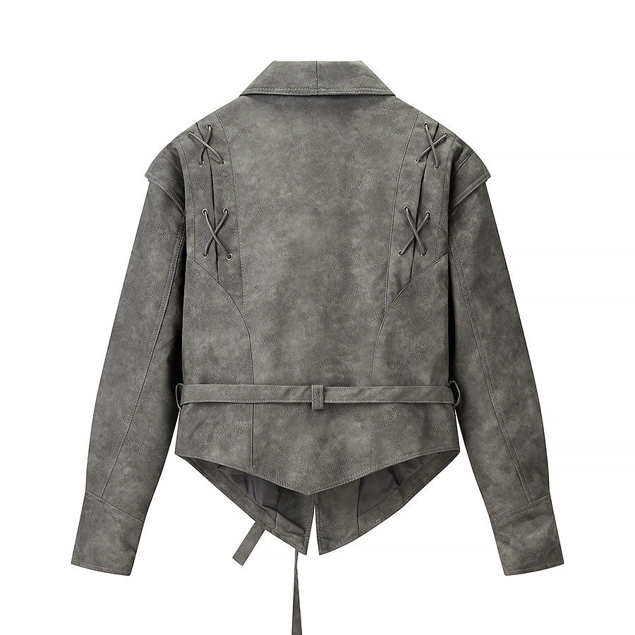 Damen Kurzjacke aus Veloursoptik mit Wickelgürtel und Schnürdetail Drune