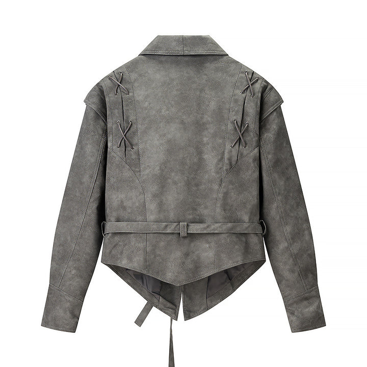 Damen Kurzjacke aus Veloursoptik mit Wickelgürtel und Schnürdetail Drune