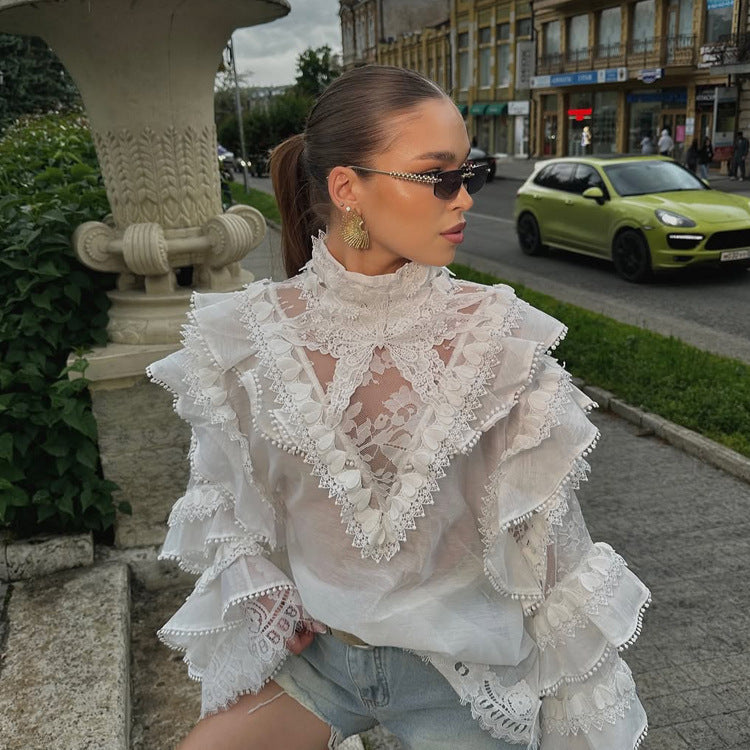 Damen Transparente Spitzenbluse mit Volant-Ärmeln und hohem Stehkragen Drune