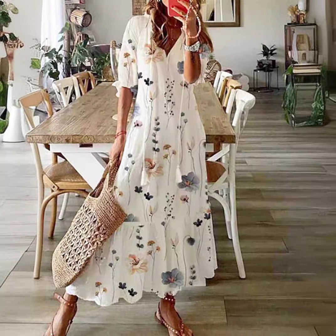 Damen nan knöchellanges A-Linien-Sommerkleid mit ganzflächigem Blumenmuster V-Ausschnitt und lockerem Fall Drune