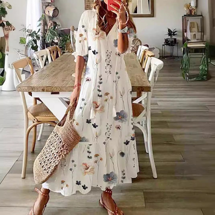 Damen nan luftiges Maxikleid in A-Linie mit V-Ausschnitt, legeren Aufschlagärmeln und floralem Alloverprint Drune