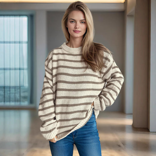 Damen lässiger Strickpullover mit breiten Streifen und oversized Passform Drune