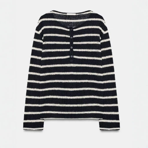 Damen Gestreifter Feinstrickpullover mit Rückknöpfung und U‑Boot‑Ausschnitt Drune