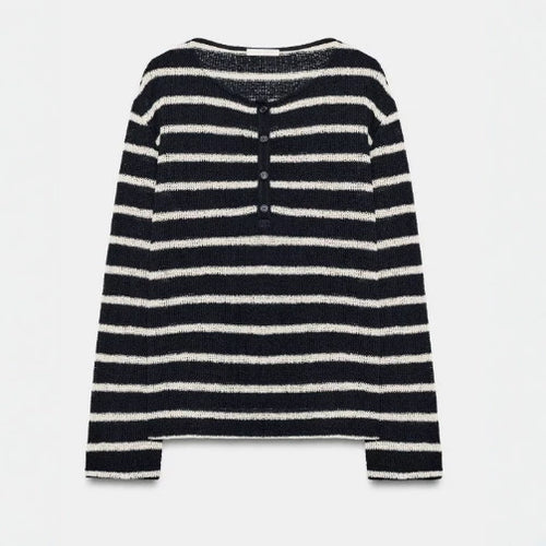 Damen Gestreifter Feinstrickpullover mit Rückknöpfung und U‑Boot‑Ausschnitt Drune