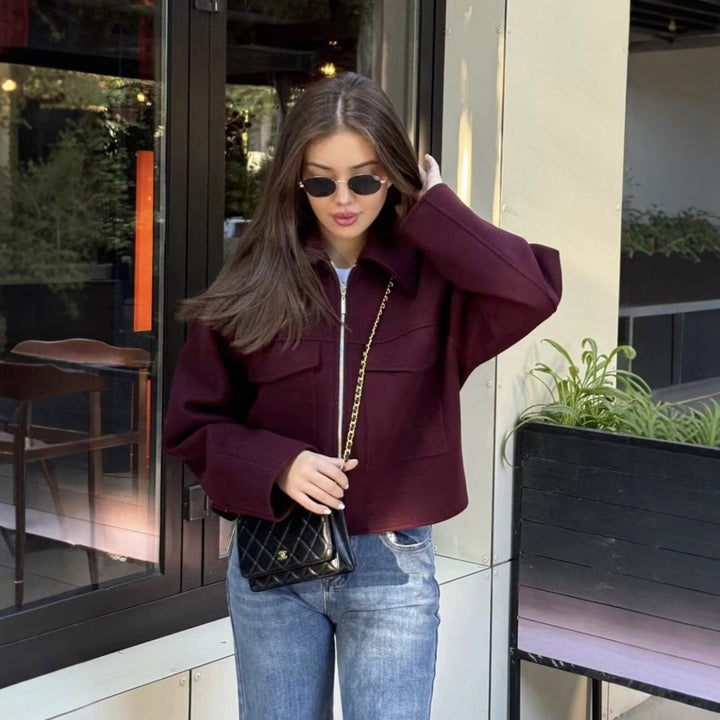 Damen lässige Wolljacke mit praktischen Brusttaschen und hochwertigem Reißverschluss Drune