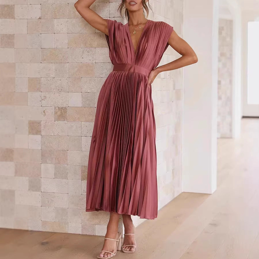Damen Plissiertes Midikleid mit tiefem V-Ausschnitt und Taillengürtel Drune