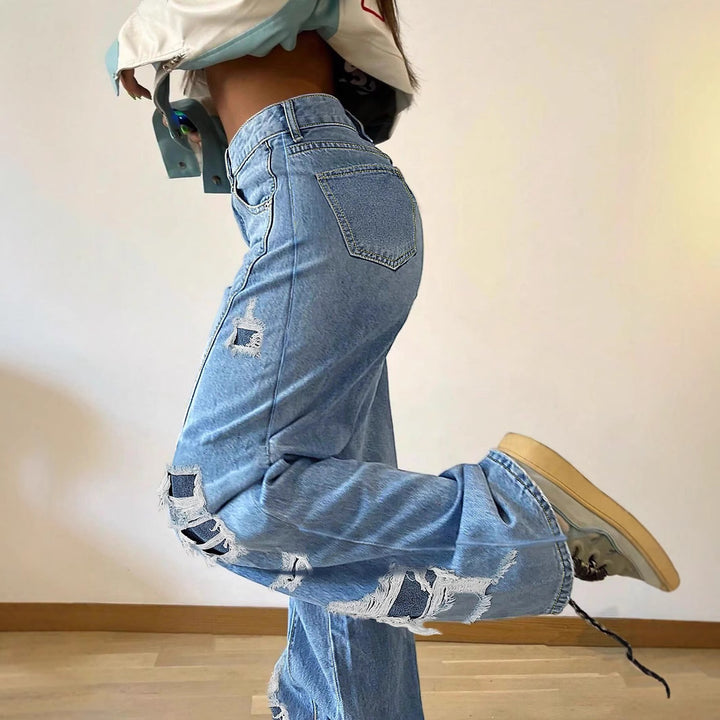 Damen weite Destroyed-Jeans mit seitlichen Cutouts und kontrastierten Unterlagen Drune