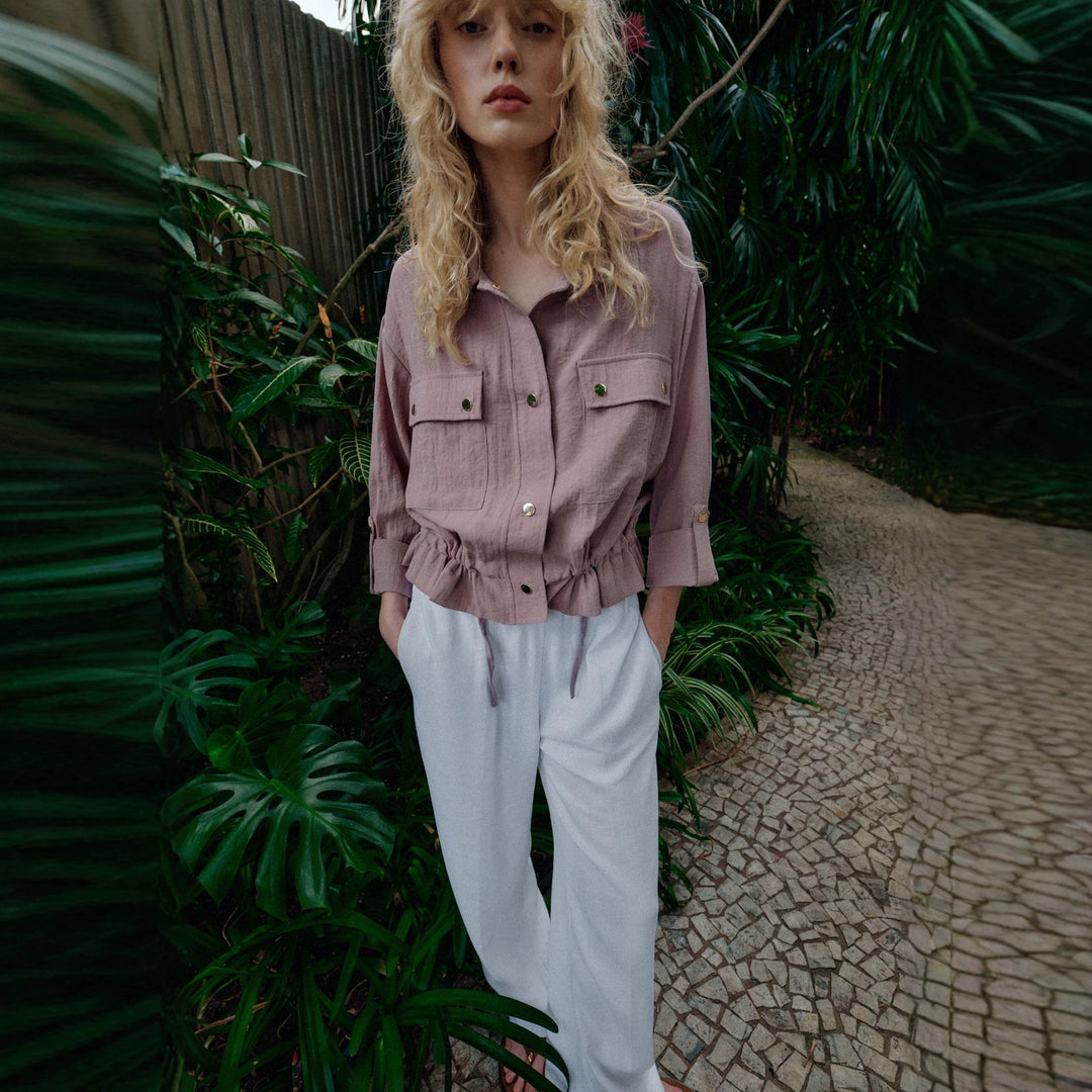 Damen Cropped-Utility-Jacke mit Tunnelzug, Pattentaschen und Umschlagärmeln Drune