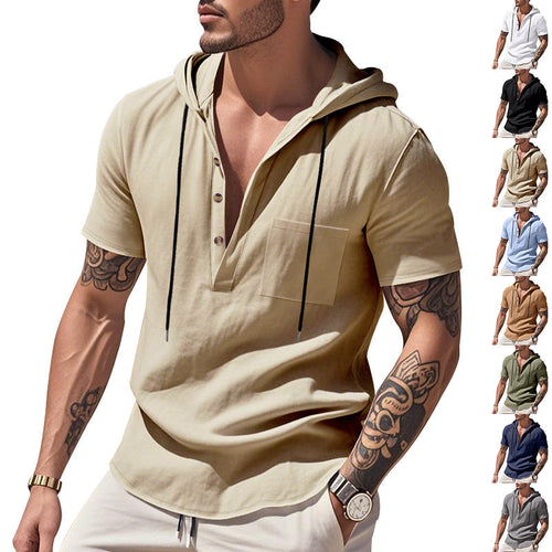 Herren nan legere Kurzarm-Kapuzen-Henley aus Single-Jersey mit Brusttasche und Kontrastkordel Drune