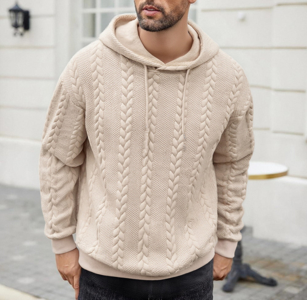 Herren strukturiertes Kapuzen-Sweatshirt mit Zopfstrick-Relief, Tunnelzug und Kängurutasche Drune