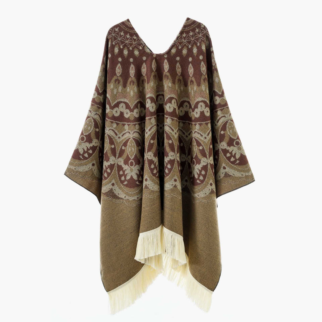 Damen Gewebter Jacquard-Poncho mit V-Ausschnitt, Ethno‑Print und Fransen Drune
