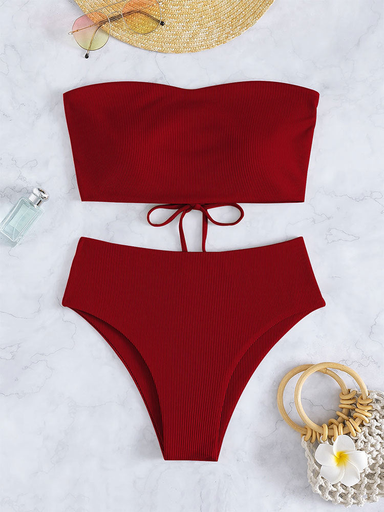 Damen Bandeau-Bikini mit hohem Bund und Rippdesign Drune