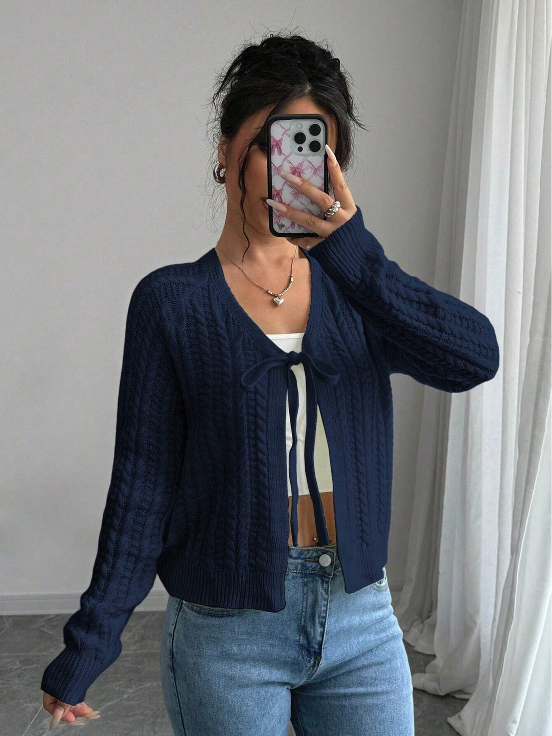 Damen Strickjacke mit modischem Kordelzug und feiner Netzstruktur Drune